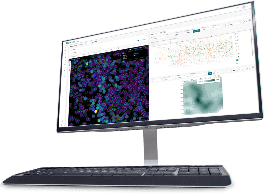Worm's eye view of a monitor with AtoMx UI on screen