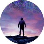 Silhouetted person with a backpack looking up at a sky with a tissue image