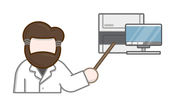Illustration of lecturer pointing to GeoMx instrument