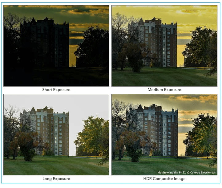 <strong>Autumn sunset, captured in HDR.</strong> A building, colorful trees, and sunset were all captured using different exposure times. An HDR composite image (bottom right) was created from overlaying exposures.