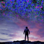 Silhoutte of person with tissue image superimposed on night sky