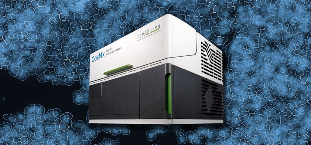 CosMx SMI instrument on a background of segmented cells