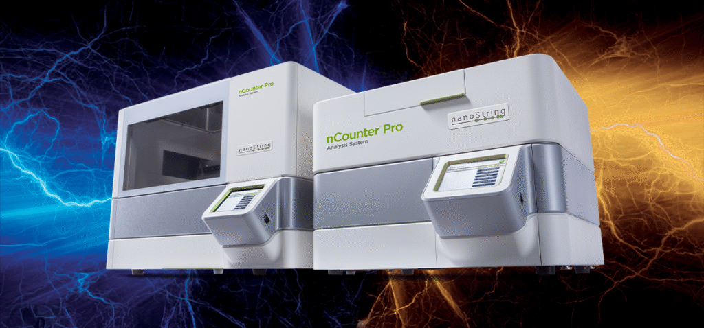 Bruker Spatial Biology nCounter Pro instrument on blue and orange lightening background