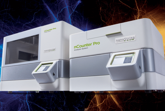 Bruker Spatial Biology nCounter Pro instrument on blue and orange lightening background