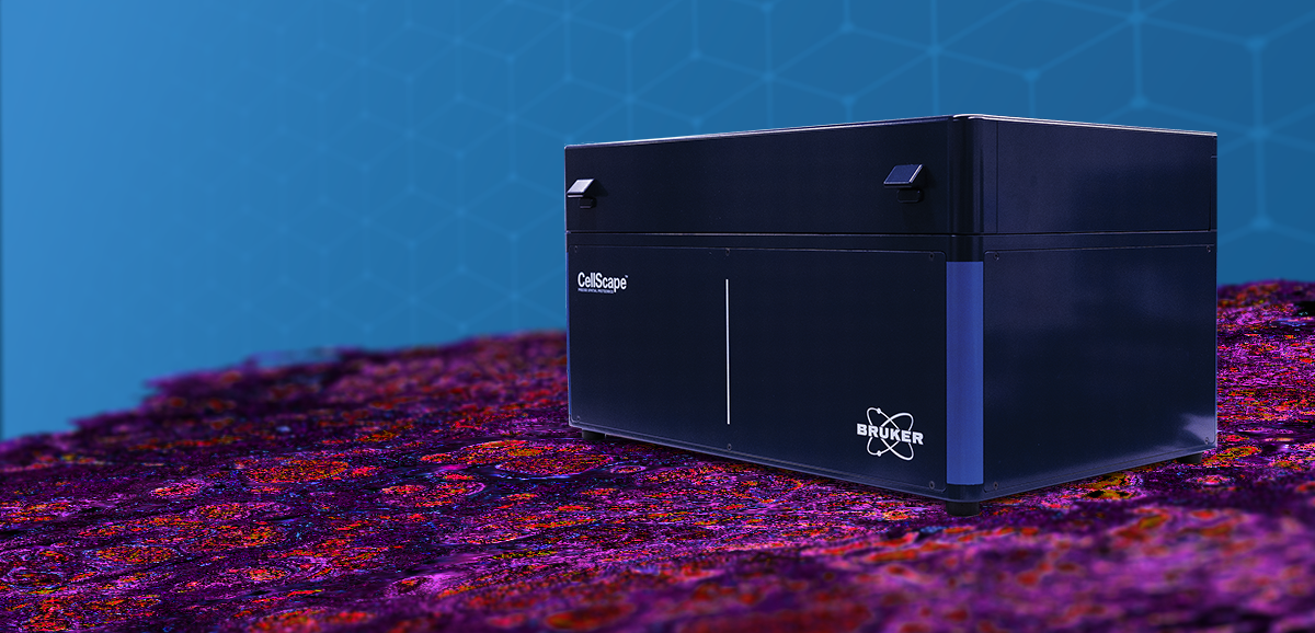 CellScape box floating on a purple and red tissue image, with a blue background.