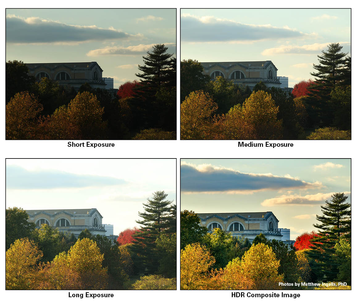 <strong>Autumn in St. Louis, captured in HDR.</strong> Colorful trees in Forest Park (St. Louis, Missouri) were captured using multiple different exposure times. An HDR composite image (bottom right) was created from overlaying exposures.