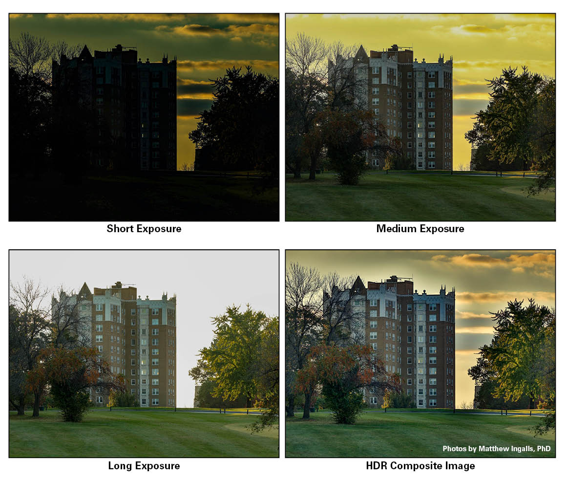<strong>Autumn sunset, captured in HDR.</strong> A building, colorful trees, and sunset were all captured using different exposure times. An HDR composite image (bottom right) was created from overlaying exposures.