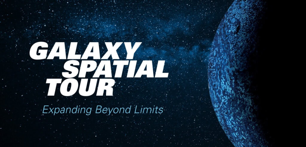A planet in space, with &ldquo;Galaxy Spatial Tour: Expanding Beyond Limits&rdquo; text.