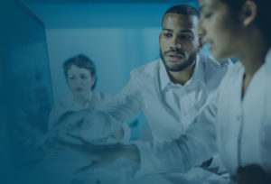 Researchers reviewing data on monitor